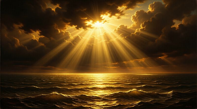 Light pouring out of dark clouds over the primordial ocean