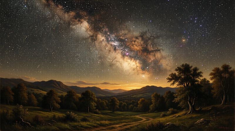 The Milky Way stretching across the night sky above quiet hills