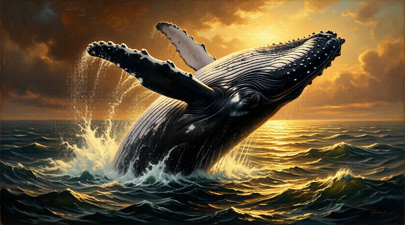 A humpback whale breaching from the ocean in golden light