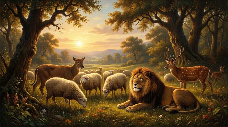 A lion resting peacefully among grazing sheep and deer in a sunlit meadow