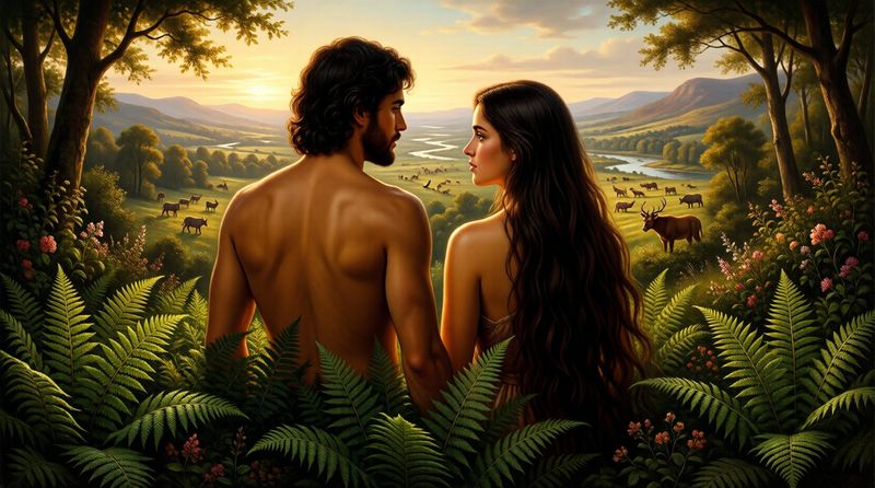 Adam and Eve seen from behind among tall ferns, looking out over a valley full of animals
