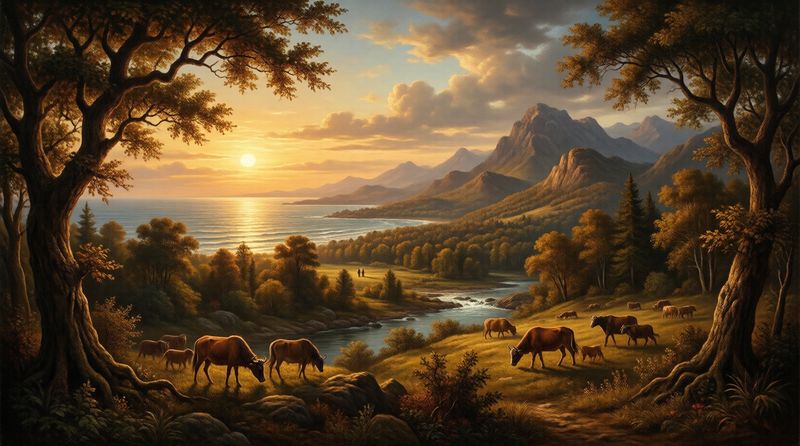 A panorama of the new creation at golden evening: sea, mountains, rivers and herds